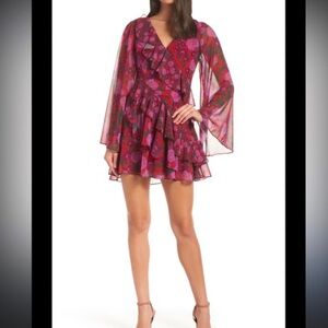 Anthropologie Keepsake Waves Floral Ruffle Dress in Red and Purple size XSmall